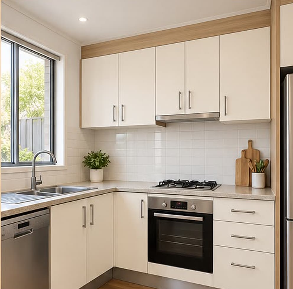 The same kitchen after wrapping: white cabinets with timber accents